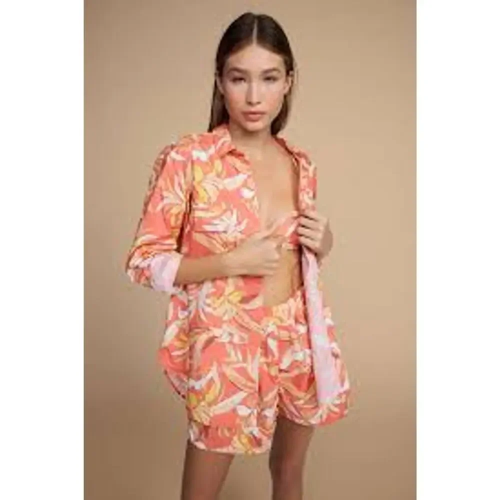 MIKOH Willa Cotton Shorts Bora Bora Orange Hawaiian Print M NWT Resort Wear